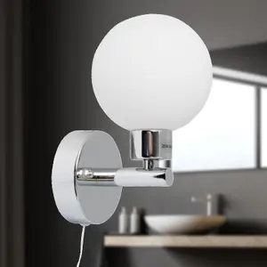 First Choice Lighting Dais Chrome Opal Glass IP44 Pull Cord Bathroom Wall Light