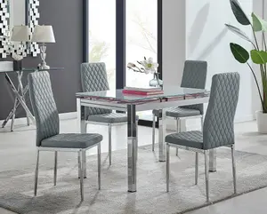 Enna White Glass Extending Dining Table and 4 Grey Milan Chairs