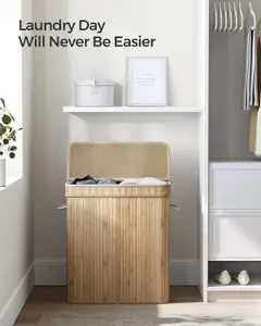 SONGMICS Bamboo Laundry Basket, Large Hamper with Lid, Machine Washable Basket, Handles, for Bedroom, Washroom, Natural