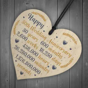 Red Ocean Happy 50th Wedding Anniversary Sign Gift Wooden Heart Fifty Years Husband Wife Keepsake Gift Plaque