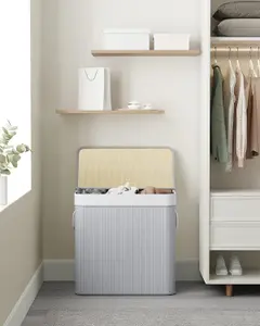 SONGMICS Laundry Hamper Basket with 3 Sections, Clip-on Lid and Handles, Foldable, for Laundry Room, Bedroom, Bathroom, Grey