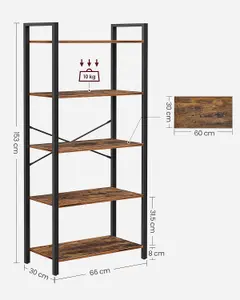 VASAGLE 5 Tier Shelf Bookcase, Storage Unit, with Steel Frame, for Any Spaces, Industrial, Rustic Brown and Black