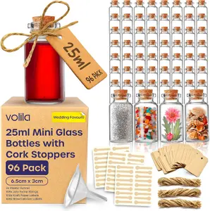 25ml Mini Glass Bottles with Corks - 96 Pack Reusable DIY Craft Jars with Labels, String, Funnel for Wedding Favours