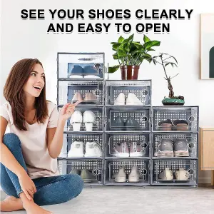 12 X Shoe Storage Boxes - Clear Transparent Shoe Organizer - For Effortless Stacking - With Rear Ventilation Holes