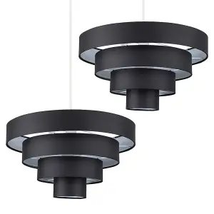 ValueLights Nevada Pair of Modern 4 Tier Black Fabric Ceiling Pendant Light Shades