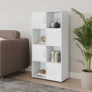 URBNLIVING 119cm Height 8 Cube Bookcase White Wood Door Metal Handle Display Storage Shelf