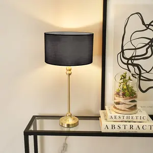 ValueLights Maggie Gold Metal Candlestick Slim Table Lamp with Black Fabric Drum Lamp Shade and LED Bulb