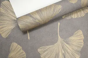 Arthouse Ginkgo Leaf Mocha Brown Metallic Gold Motif Leaves Vinyl Wallpaper