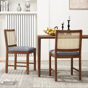 COSTWAY Rattan Dining Chair Set of 2 Wooden Upholstered Kitchen Side Armless Chairs