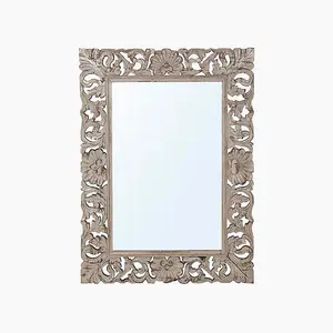 Aza Rectangular Shaped Carved Mirror - Mango Wood - L120 x W90 x H5 cm - Grey