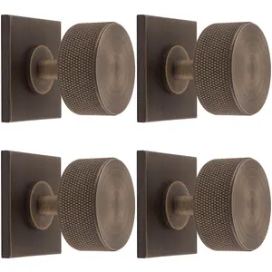 4 PACK - Knurled Radio Cabinet Door Knob & Matching Backplate - Antique Brass 40 x 40mm