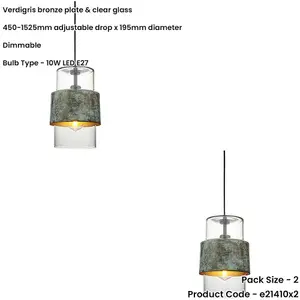 2 PACK Hanging Ceiling Pendant Light - Verdigris Bronze Plate & Clear Glass - 10W LED E27