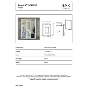 RAK Art Square 500x700mm Chrome Square with Touch Sensor Illuminated Mirror IP44