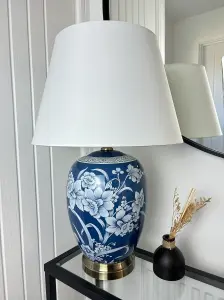 Blue Oriental Ceramic Table Lamp with Plain Shade