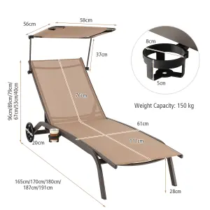 Costway Patio Chaise Lounge Chair w/6-Level Canopy & Wheels Heavy-Duty