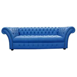 Chesterfield 3 Seater Buttoned Seat Deep Ultramarine Blue Leather Sofa Bespoke In Balmoral Style