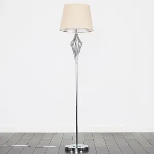 ValueLights Jaspa Chrome Metal Wire Geometric Diamond Design Floor Lamp with Beige Tapered Shade with 6w LED GLS Bulb