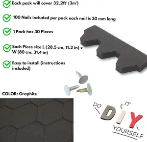 Premium Asphalt Roof Shingles 25 Pcs - Graphite Hexagonal Roofing Felt 3sqm- 31.5 x 12.4 Weatherproof, Heavy-Duty Roofing Material