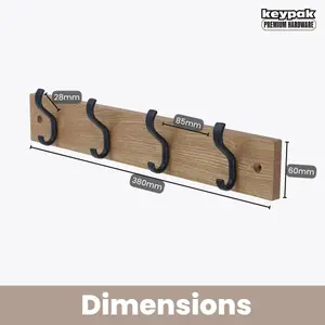 keypak Wall-Mounted Coat Rack - 4 Hooks on Modern Wooden Base for Wall & Door - 38cm (Matte Black/Ash)