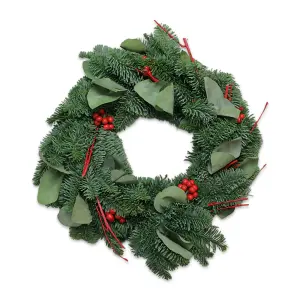 Real Christmas Wreath with Fresh Eucalyptus and Red Berries - 30cm/12" - Noble Fir Wreath For Indoor/Outdoor Christmas Decoration