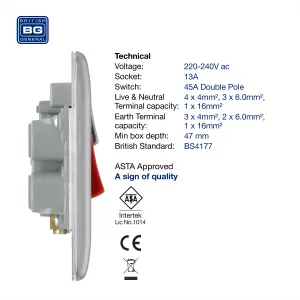 BG NBS70W Nexus Metal Brushed Steel 45A 2 Pole Cooker Switch 13A Neon Switched Socket - White Insert