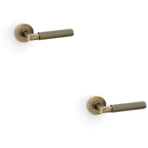 2 PACK - SOLID BRASS Reeded Door Handle Set - Antique Brass Angled Lever on Round Rose