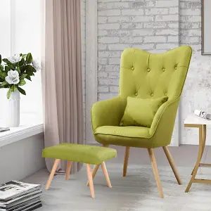 Green Linen Upholstered Wing Back Armchair Lounge Chair with Footstool and Lumbar Pillow