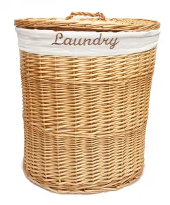 Oval Wicker Laundry Basket With Lid & Removable Cotton Lining Pine with White cloth,Large 37x50x55 cm