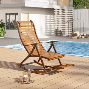 Foldable Adjustable Bamboo Indoor and Outdoor Recliner Chair Sun Lounge Rocking Chair with Retractable Footrest Brown