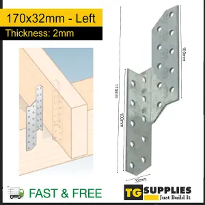 Pack of 10 - Heavy 2mm Duty Galvanised Left Truss Clip - Truss Connector - Rafter Connector Bracket - Angle Bracket 170x32mm