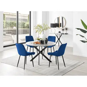 Tierra Modern Chrome Metal & Glass Round Dining Table Set with 4 Luxury Velvet Dining Chairs Black / Navy/Black / 75 x 100 x 100cm