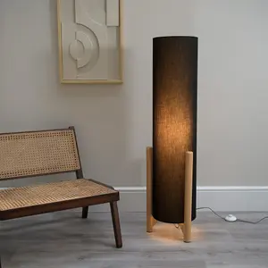 ValueLights Henry Wooden Oak Effect Midi Floor Lamp with Charcoal Grey Cylinder Shade