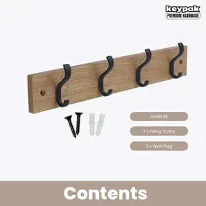 keypak Wall-Mounted Coat Rack - 4 Hooks on Modern Wooden Base for Wall & Door - 38cm (Matte Black/Ash)