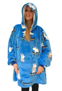 Urban Unique Skater Dogs Sherpa Fleece Hoodie Blanket/Throw Blue Oversized