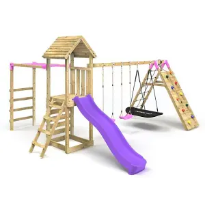 Rebo Wooden Climbing Frame with Swings, Slide, Up & over Climbing wall and Monkey Bars - Pyrennes Pink