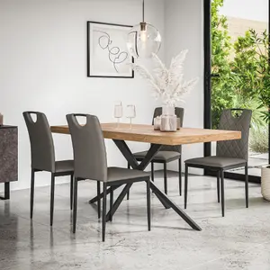 Donni Dining Table And Chairs -  Oak Effect Table Top w Black Legs + Monza Faux Leather Dining Chair Set Of 4 (Grey)