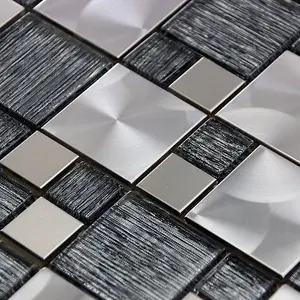 Luxury Textured Grey Glass & Brushed Steel Mix Mosaic Wall Tiles Sheet 8mm