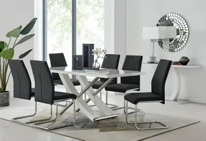 Furniturebox UK 6 Seater Dining Set - Mayfair High Gloss White Chrome Dining Table and Chairs - 6 Black Leather Lorenzo Chairs