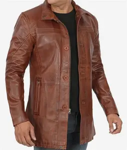 Mens Brown Leather Car Coat - 3/4 Length Leather Jacket