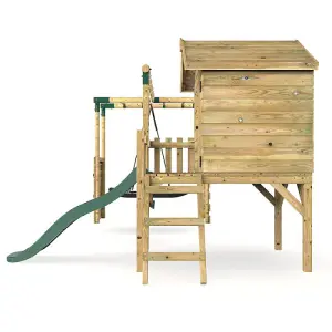 Rebo Orchard 4ft Wooden Children's Playhouse, Swings, Monkey Bars, Deck & 6ft Slide - Double Swing - Sage Green