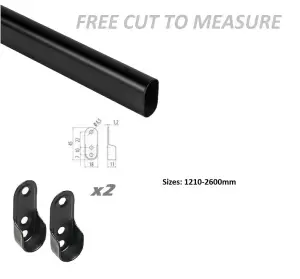 Wardrobe hanging rail with end support and screws, oval - 2600mm - BLACK