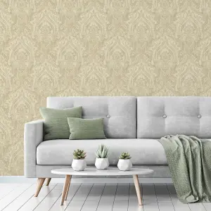 Grandeco Textured Distressed Metallic Damask Wallpaper, Cream