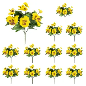 Blooming Artificial - 28cm / 1ft Yellow Faux Pansy Bush Multi-Pack