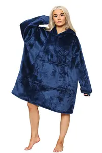 MS9 Women's Oversized Hoodie Wearable Blanket Hoodie Top With Sherpa Lining Navy Blue