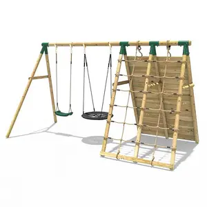 Rebo Beat The Wall Wooden Swing Set with Double up & Over Climbing Wall -Spire