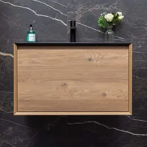 Matterhorn Natural Oak Wall Hung Bathroom Vanity Unit with Black Basin (W)750mm (H)450mm