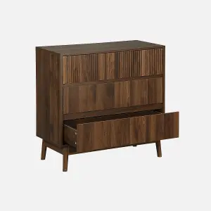 sweeek. 3-drawer chest with grooved wooden detail Linear Dark wood colour 80x40x80 cm