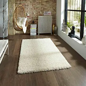 Cream Solid Plain Shaggy Machine Made Easy to Clean Rug for Living Room Bedroom and Dining Room-60cm X 120cm