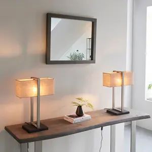 Satin Nickel Framed Table Lamp Light & Rectangular Linen Shade - Matt Black Base