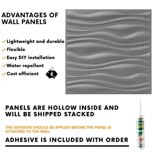 3D Wall Panels Adhesive Included - 6 Sheets Cover 16.15ft²(1.5m²) Interior Cladding Panels - Wave Effect Design Matt Silver Grey